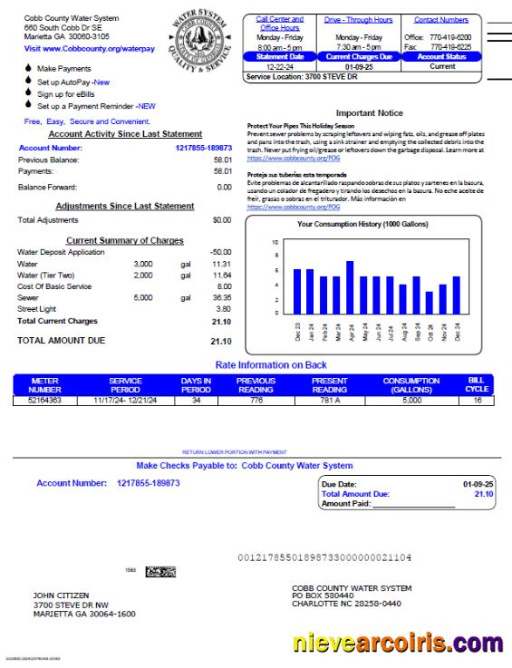 USA Cobb County Water System utility bill, version 3